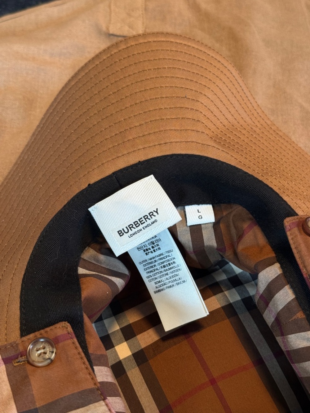 Burberry Tan Canvas Bucket Hat with Check Lining - Picture 3 of 6